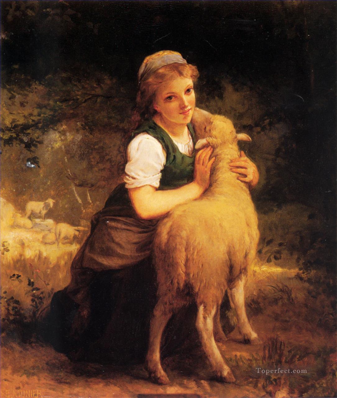 Tableau toile agneau 3 4 Young Girl with Lamb Emile Munier pet kids